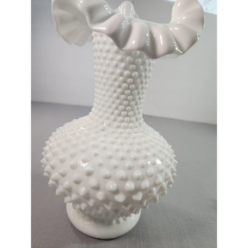 Vintage White Milk Glass Hobnail Vase with Ruffled Rim 10